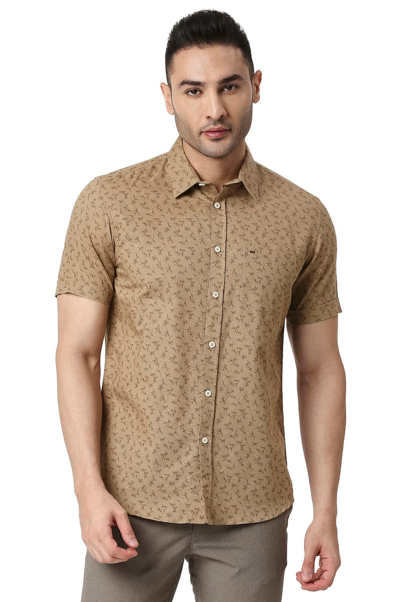 BASICS SLIM FIT COTTON LINEN PRINTED SHIRT