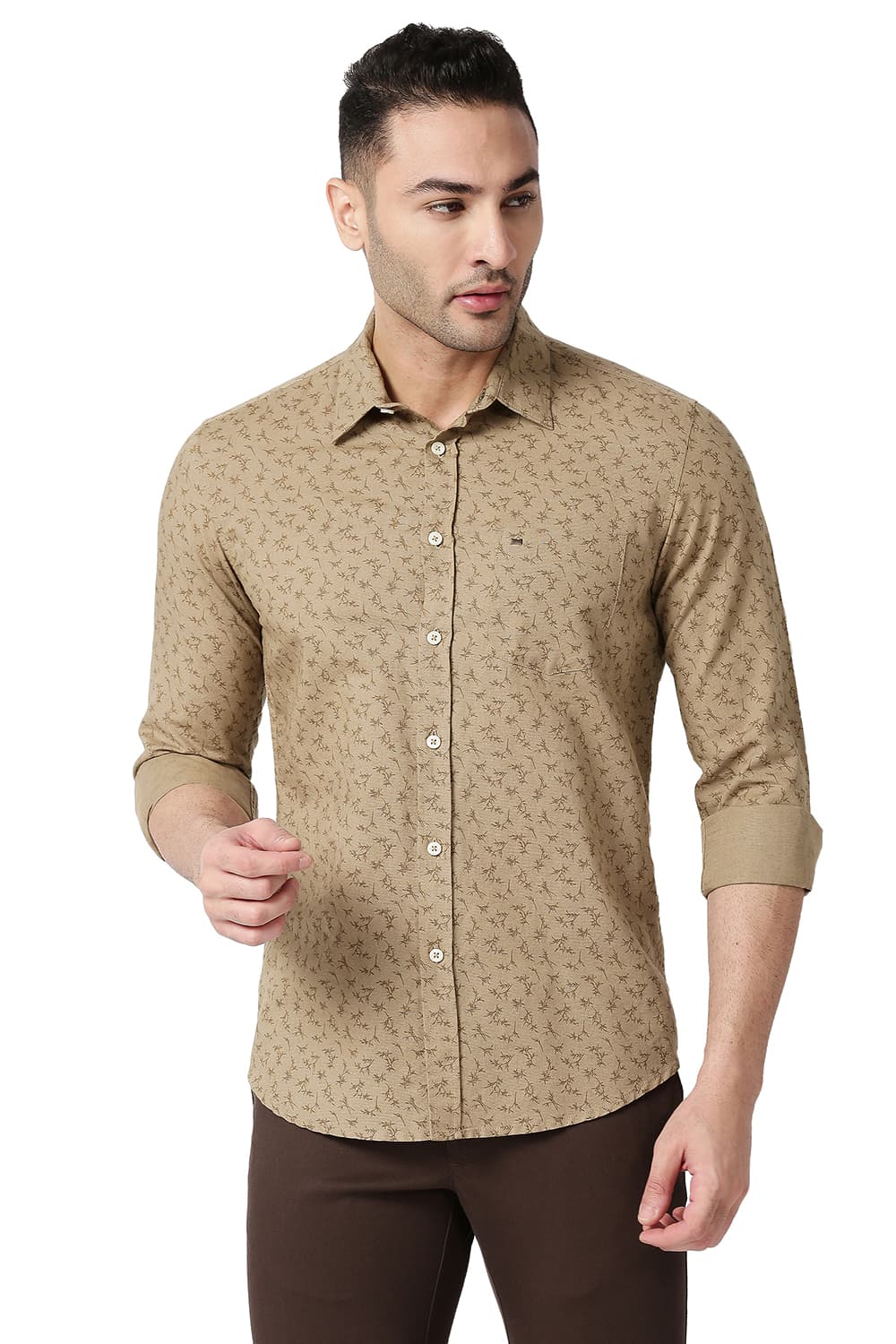 BASICS SLIM FIT COTTON LINEN PRINTED SHIRT