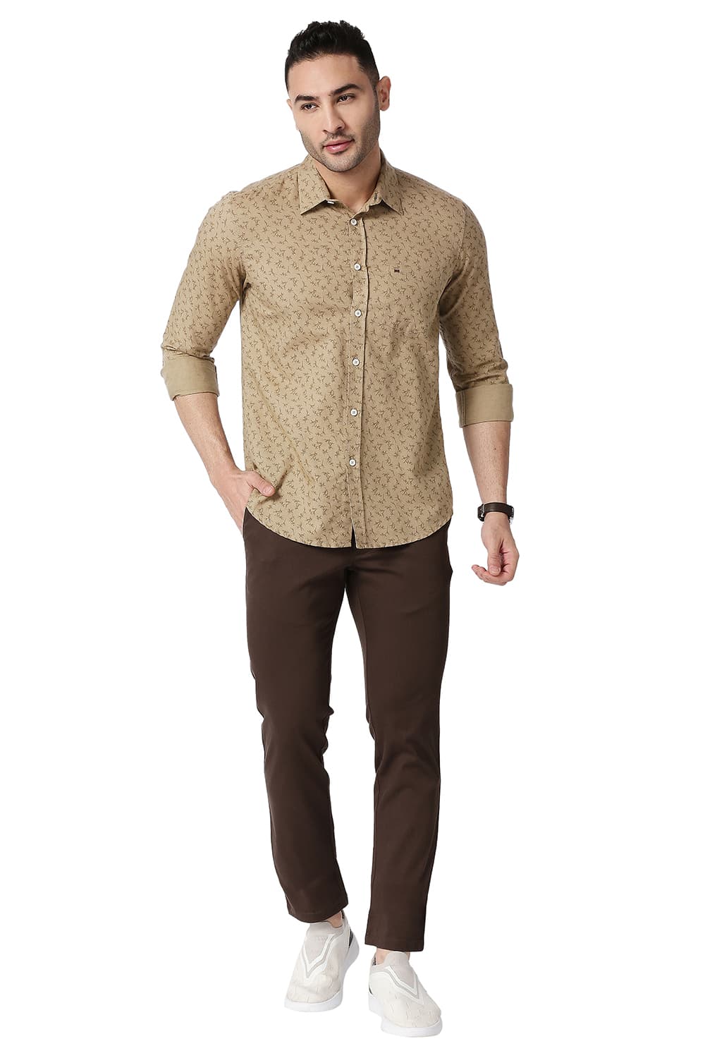 BASICS SLIM FIT COTTON LINEN PRINTED SHIRT