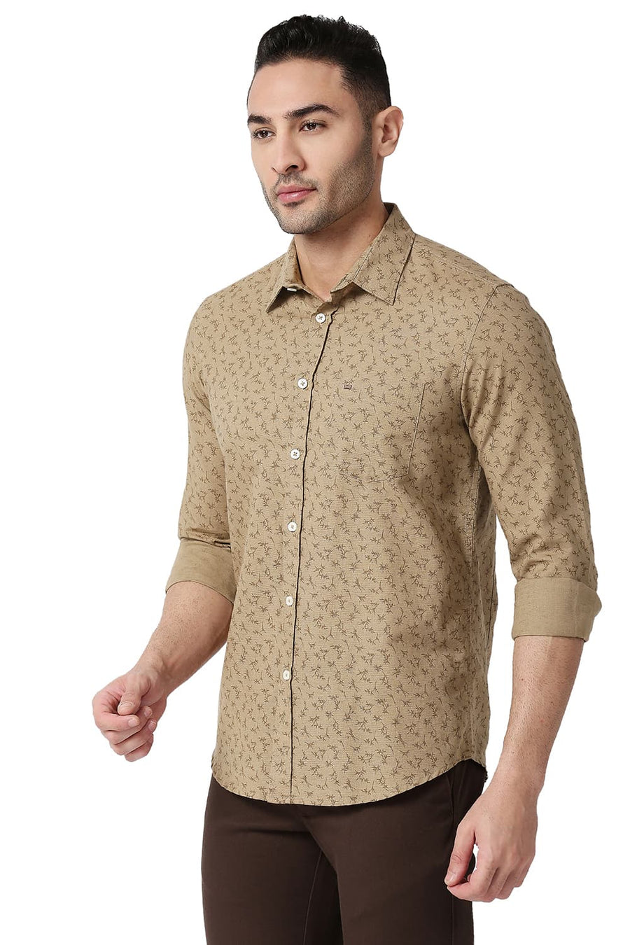 BASICS SLIM FIT AMPHORA KHAKI COTTON LINEN PRINTED SHIRT