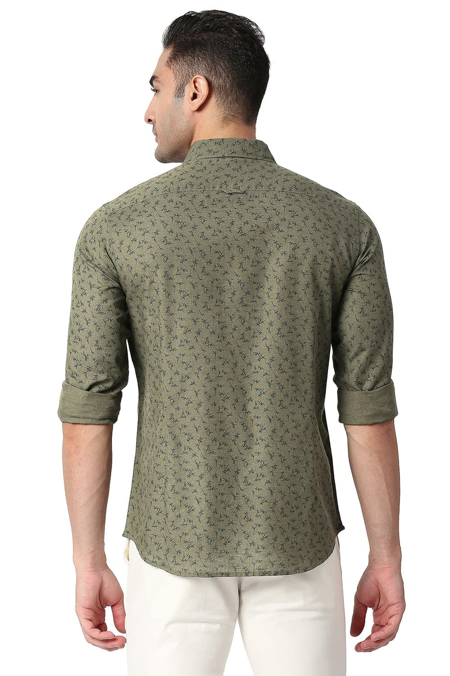 BASICS SLIM FIT TARMAC OLIVE COTTON LINEN PRINTED SHIRT