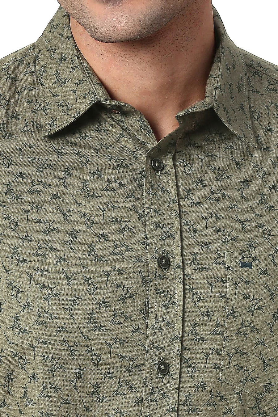 BASICS SLIM FIT TARMAC OLIVE COTTON LINEN PRINTED SHIRT