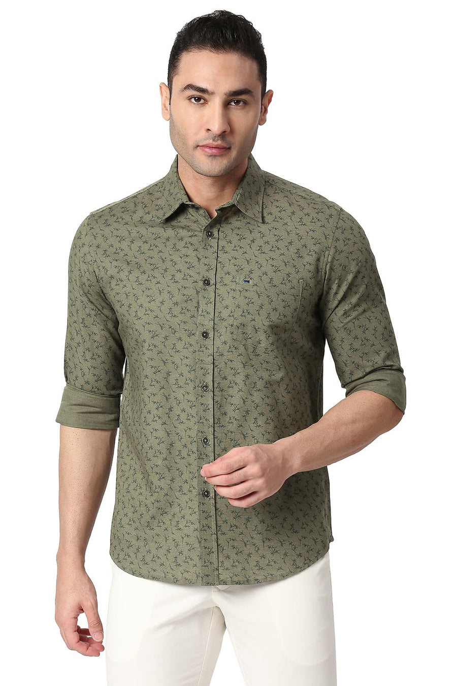 BASICS SLIM FIT TARMAC OLIVE COTTON LINEN PRINTED SHIRT