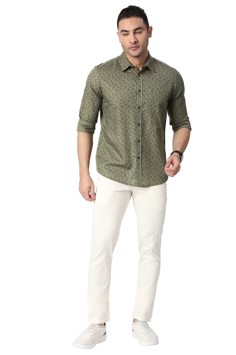 BASICS SLIM FIT TARMAC OLIVE COTTON LINEN PRINTED SHIRT