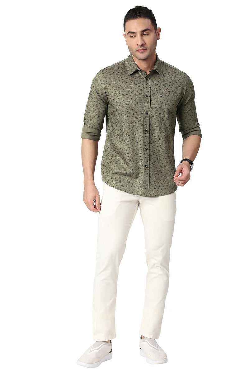 BASICS SLIM FIT COTTON LINEN PRINTED SHIRT