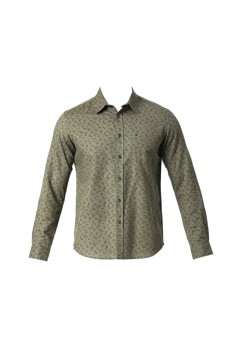 BASICS SLIM FIT TARMAC OLIVE COTTON LINEN PRINTED SHIRT