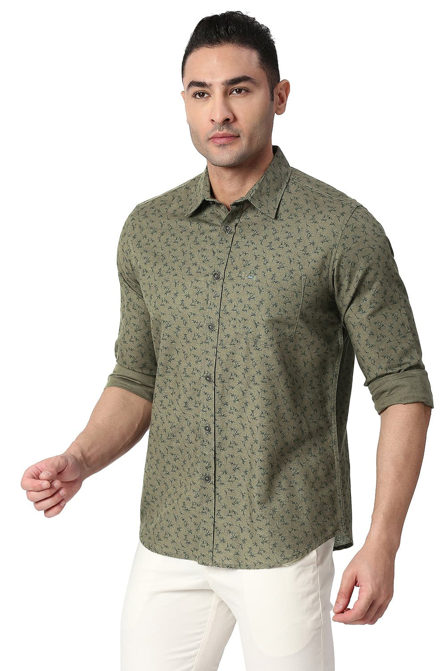 BASICS SLIM FIT TARMAC OLIVE COTTON LINEN PRINTED SHIRT