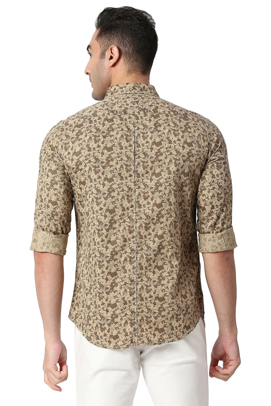 BASICS SLIM FIT TANNIN BROWN COTTON PRINTED SHIRT