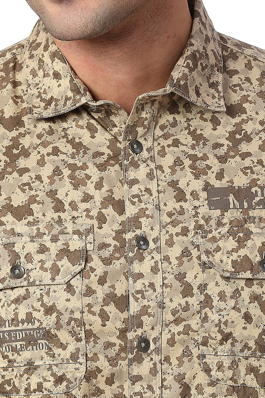 BASICS SLIM FIT TANNIN BROWN COTTON PRINTED SHIRT
