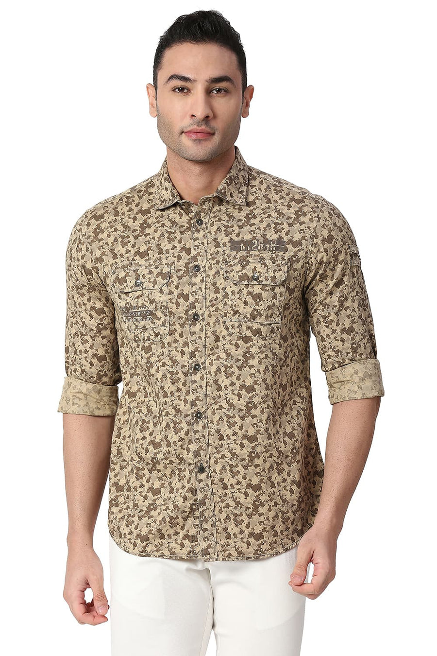 BASICS SLIM FIT TANNIN BROWN COTTON PRINTED SHIRT