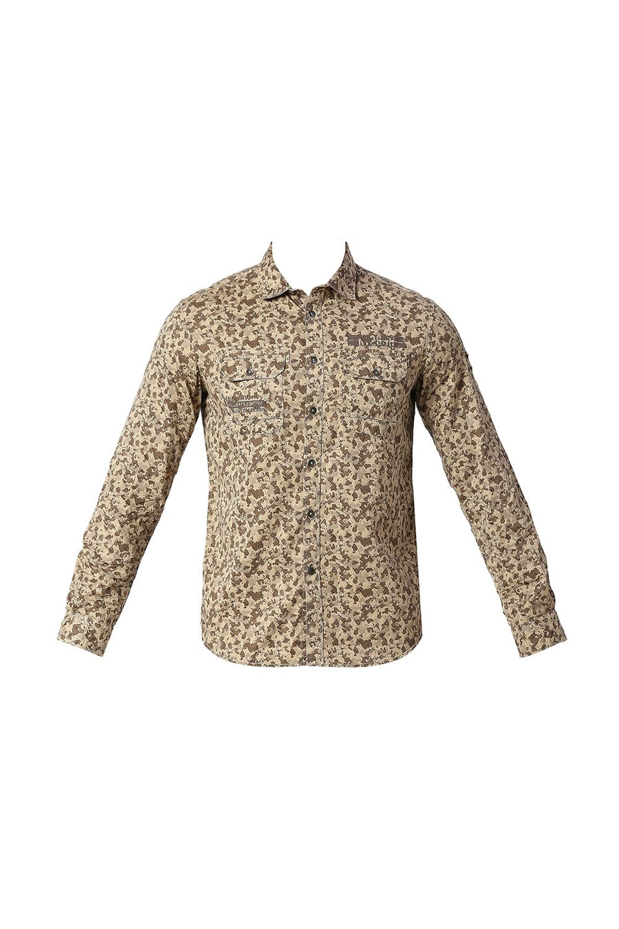 BASICS SLIM FIT TANNIN BROWN COTTON PRINTED SHIRT
