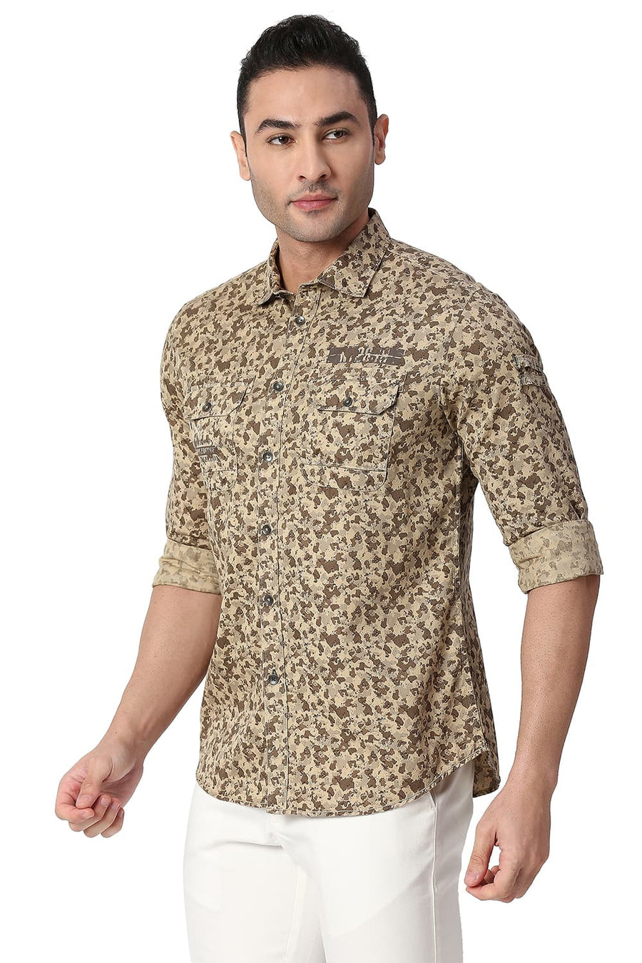 BASICS SLIM FIT TANNIN BROWN COTTON PRINTED SHIRT