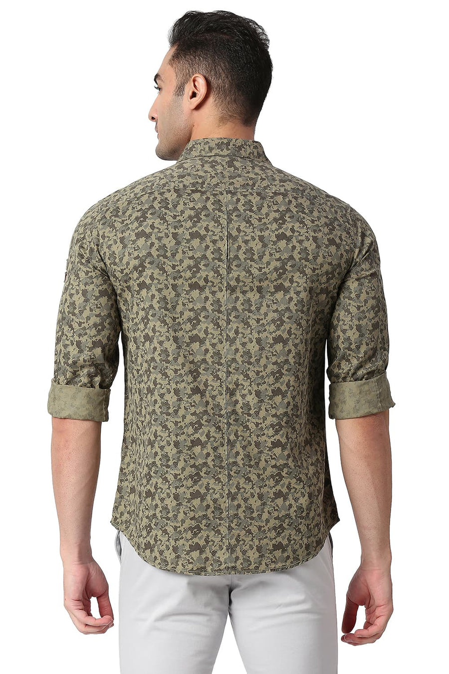 BASICS SLIM FIT BURNT GREEN COTTON PRINTED SHIRT
