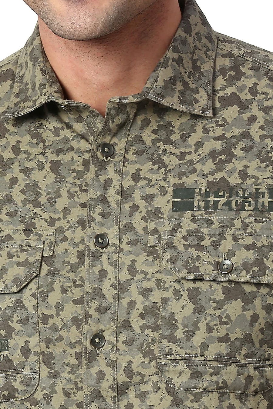 BASICS SLIM FIT BURNT GREEN COTTON PRINTED SHIRT
