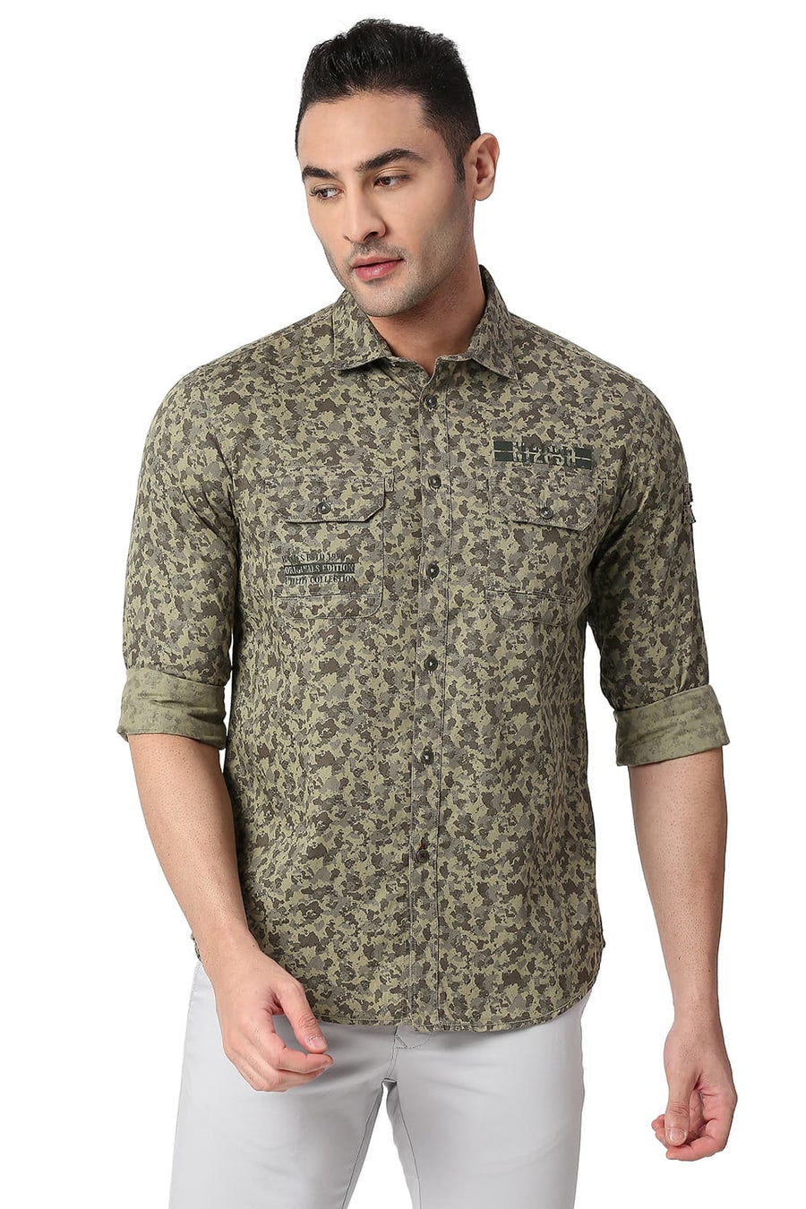 BASICS SLIM FIT BURNT GREEN COTTON PRINTED SHIRT
