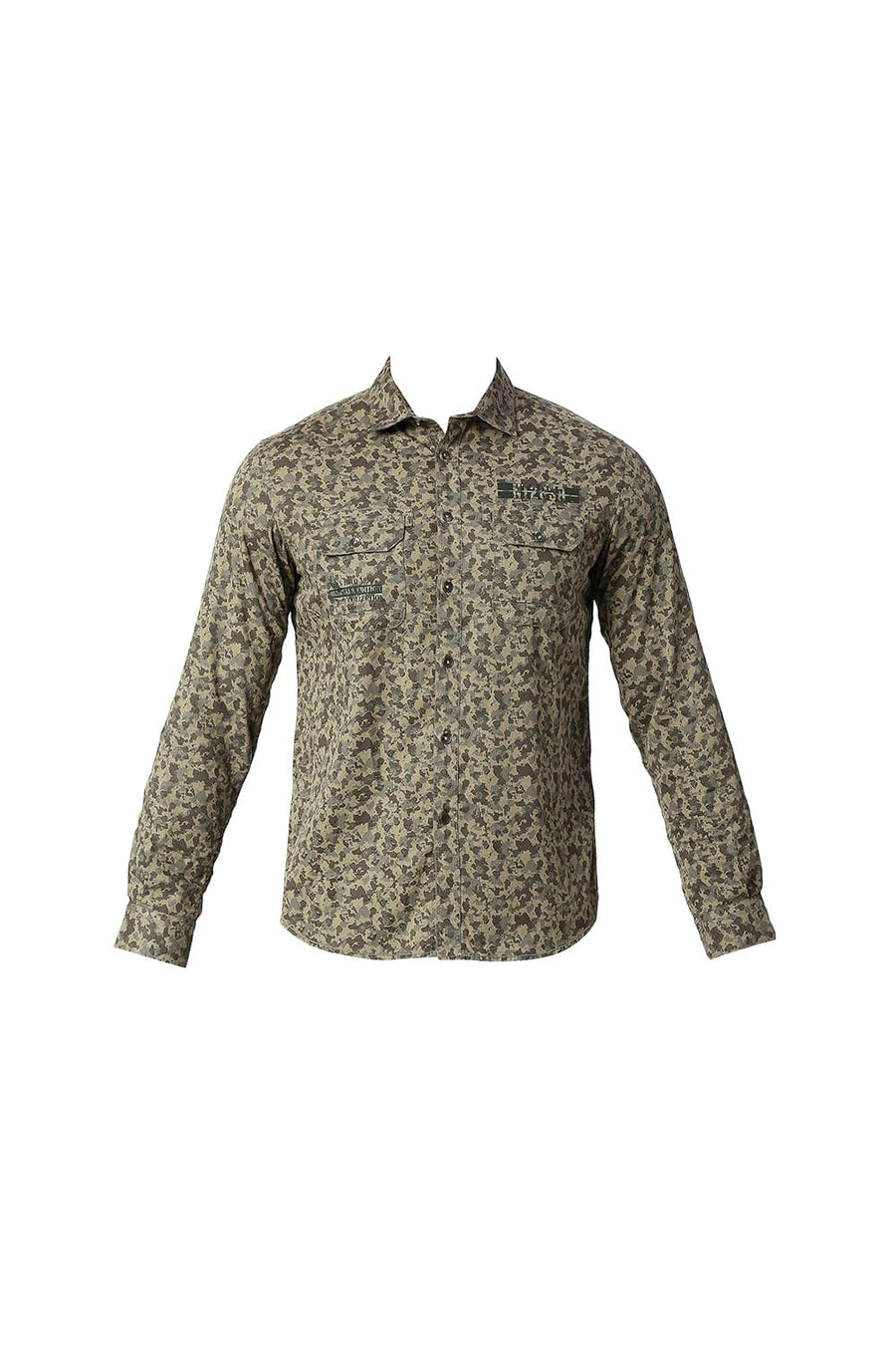 BASICS SLIM FIT BURNT GREEN COTTON PRINTED SHIRT