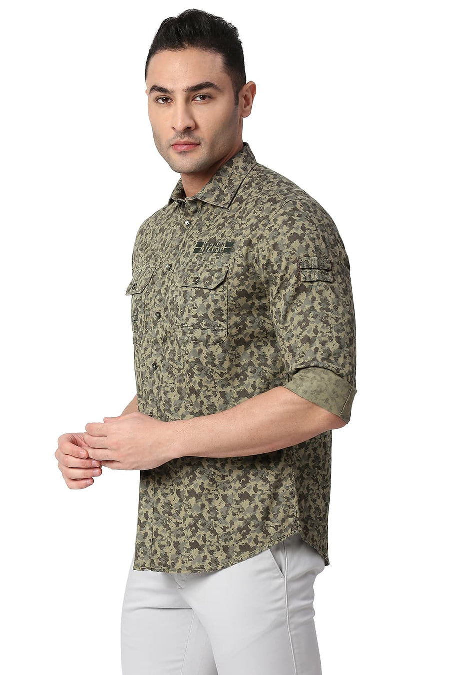 BASICS SLIM FIT BURNT GREEN COTTON PRINTED SHIRT