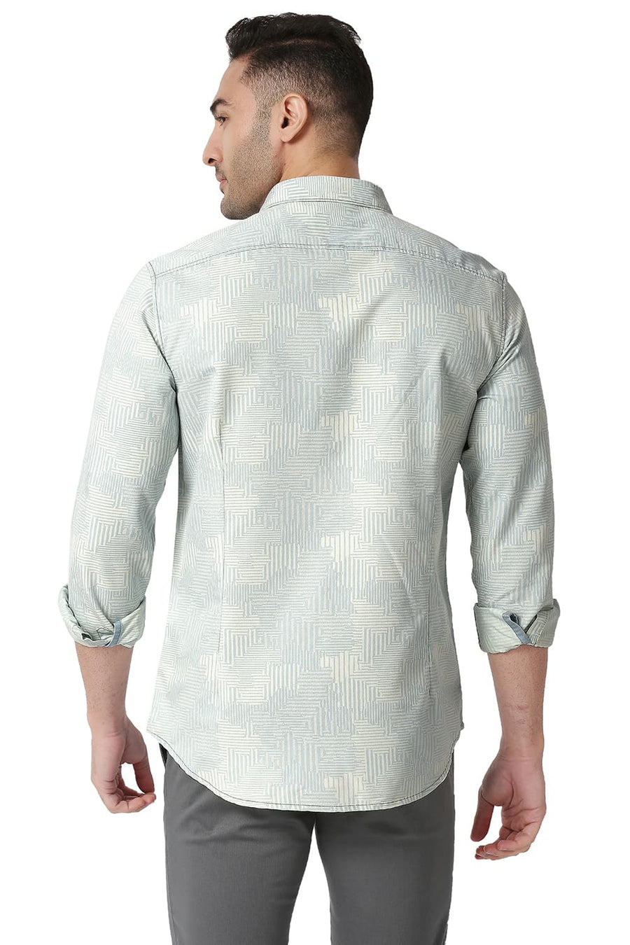 BASICS SLIM FIT INSIGNIA BLUE COTTON POLYESTER INDIGO PRINTED SHIRT