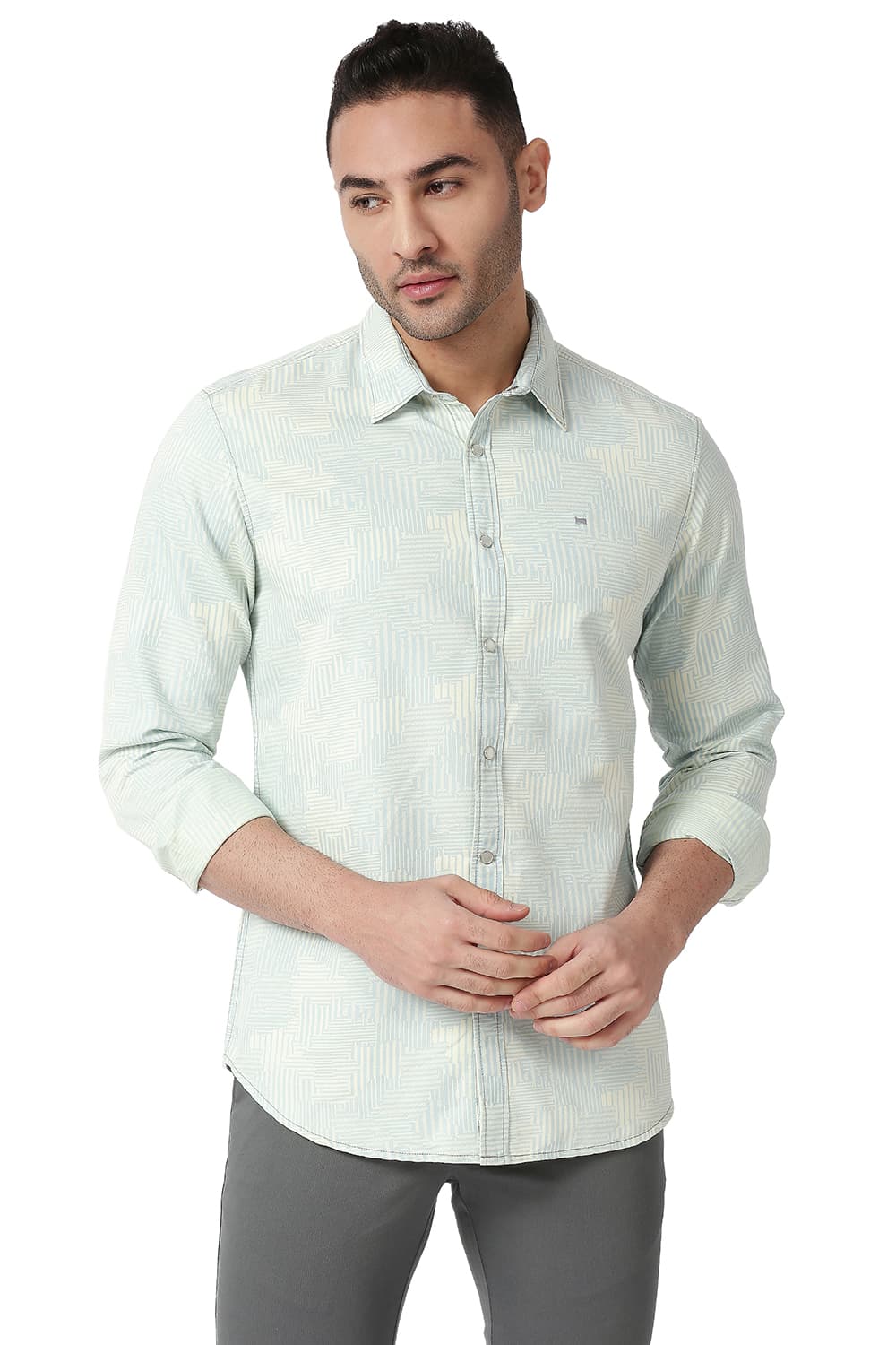 BASICS SLIM FIT COTTON POLYESTER INDIGO PRINTED SHIRT