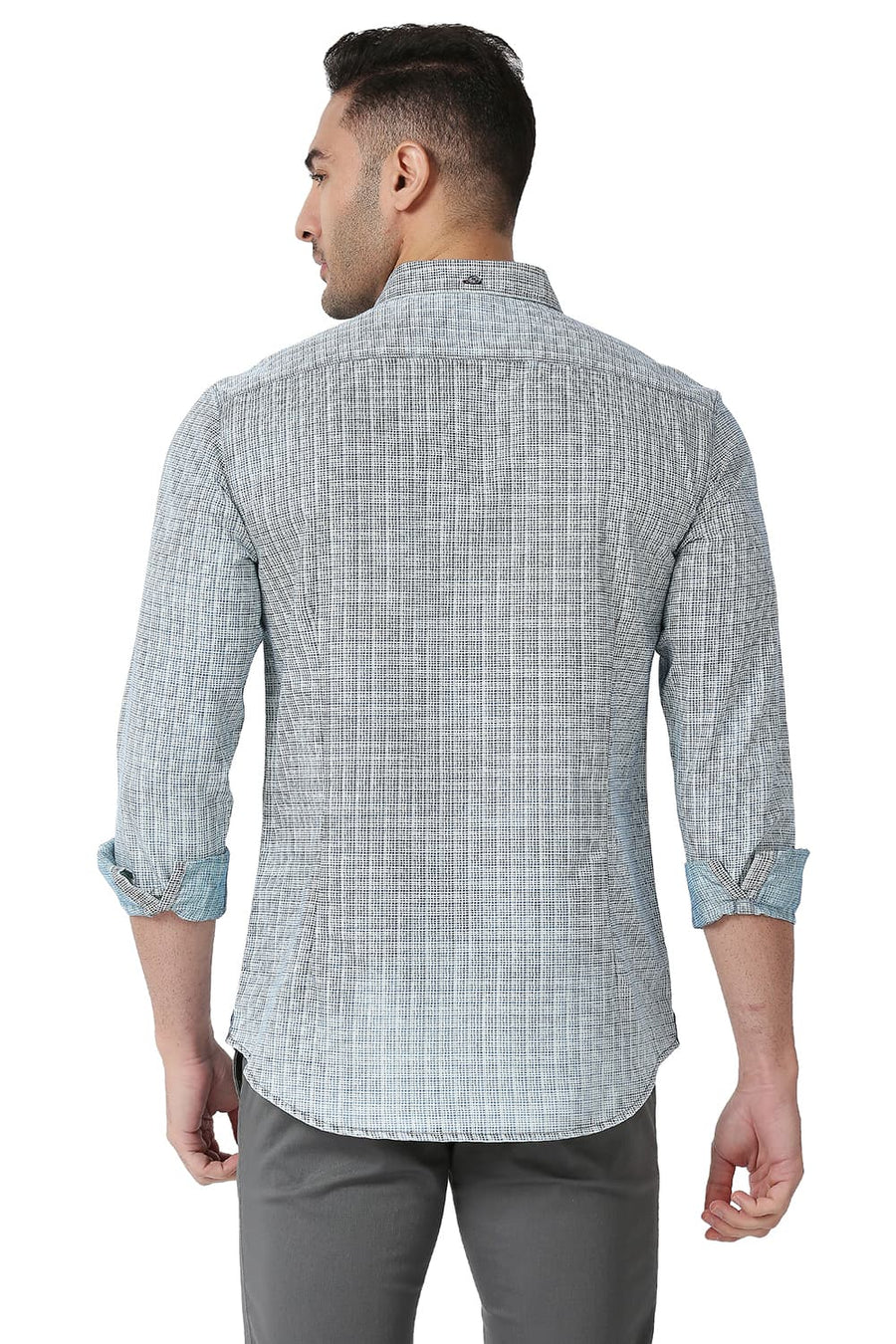 BASICS SLIM FIT INSIGNIA BLUE COTTON POLYESTER INDIGO PRINTED SHIRT