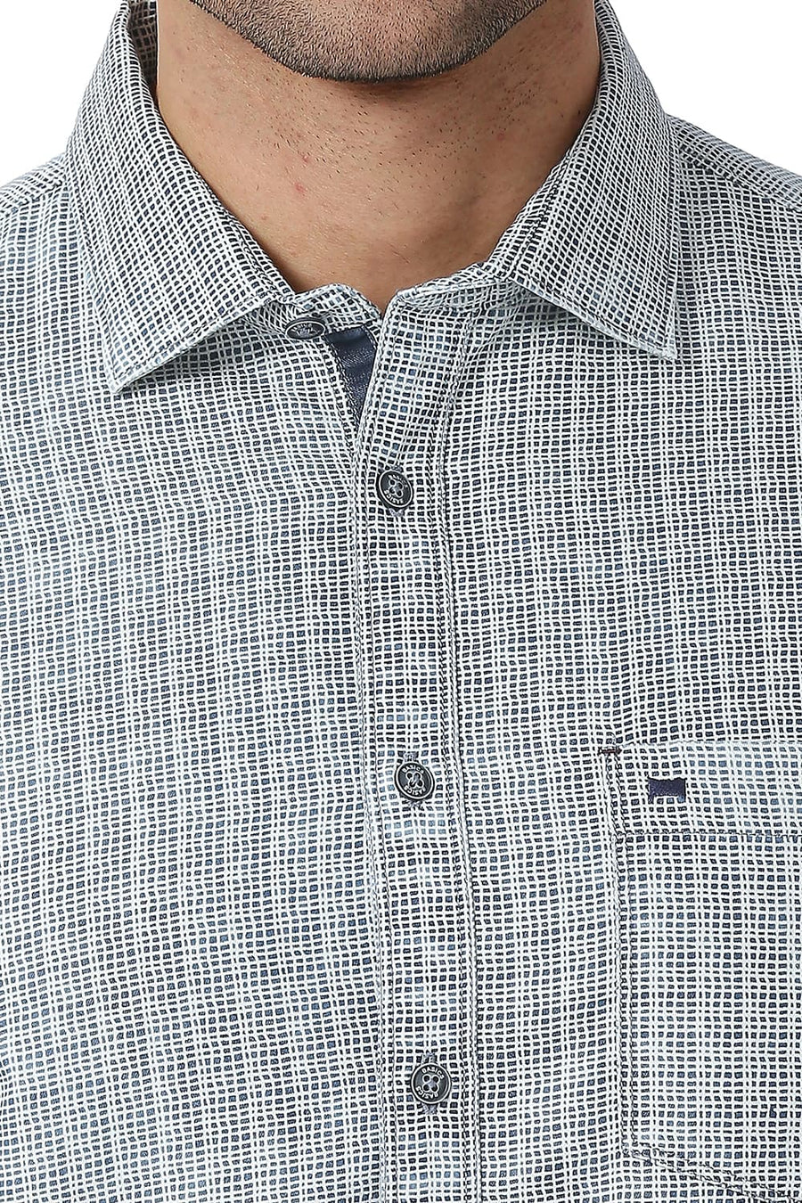 BASICS SLIM FIT INSIGNIA BLUE COTTON POLYESTER INDIGO PRINTED SHIRT