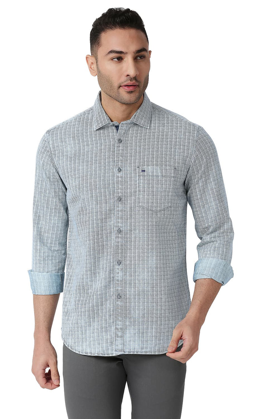 BASICS SLIM FIT INSIGNIA BLUE COTTON POLYESTER INDIGO PRINTED SHIRT
