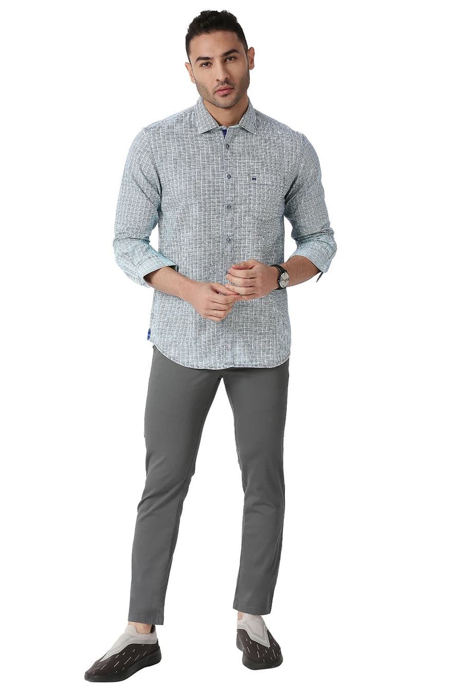 BASICS SLIM FIT INSIGNIA BLUE COTTON POLYESTER INDIGO PRINTED SHIRT