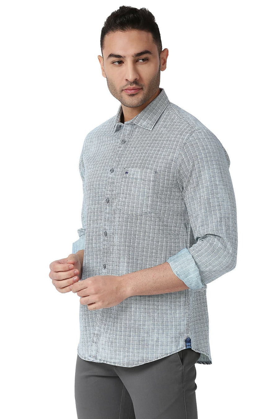 BASICS SLIM FIT INSIGNIA BLUE COTTON POLYESTER INDIGO PRINTED SHIRT