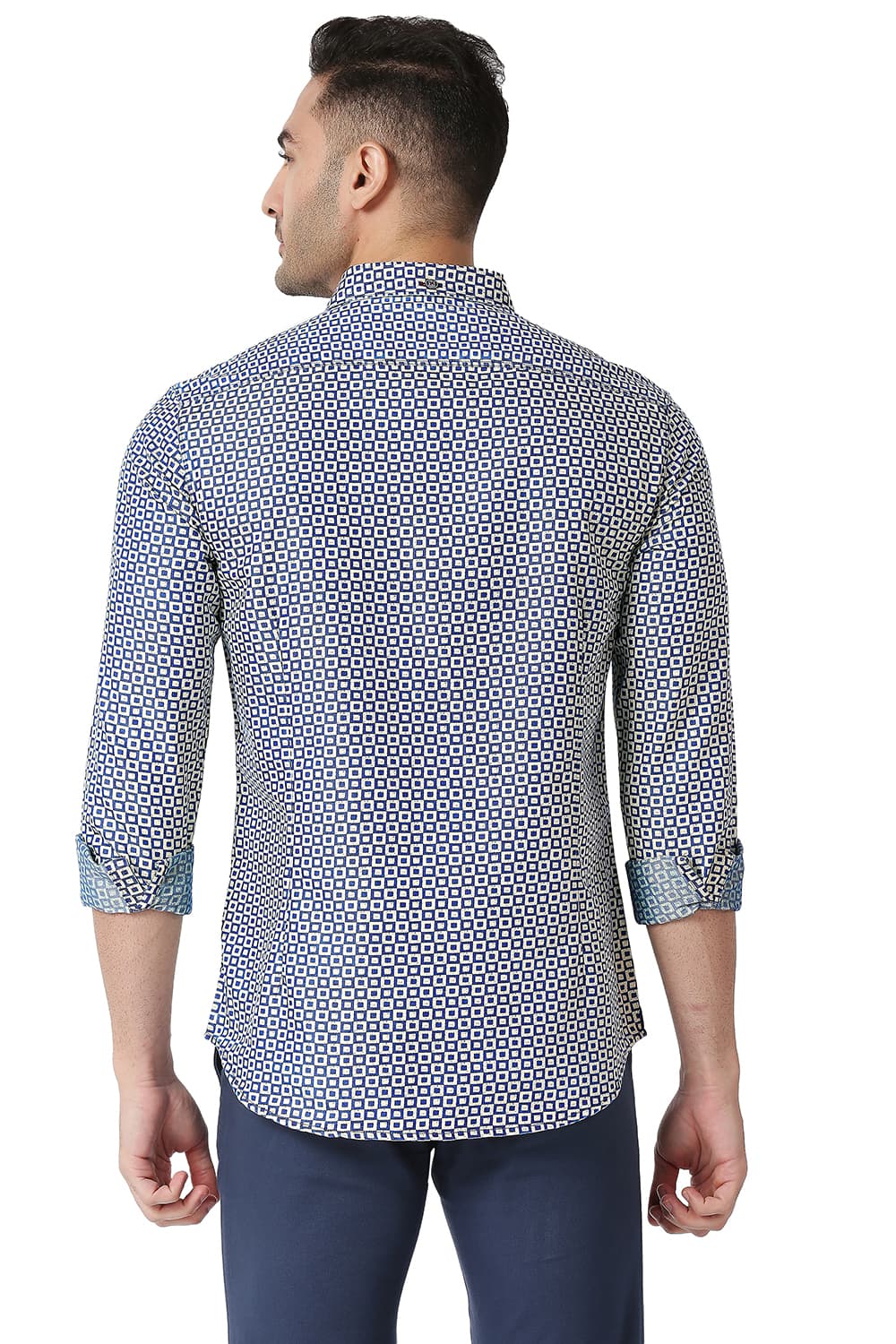 BASICS SLIM FIT COTTON POLYESTER INDIGO PRINTED SHIRT