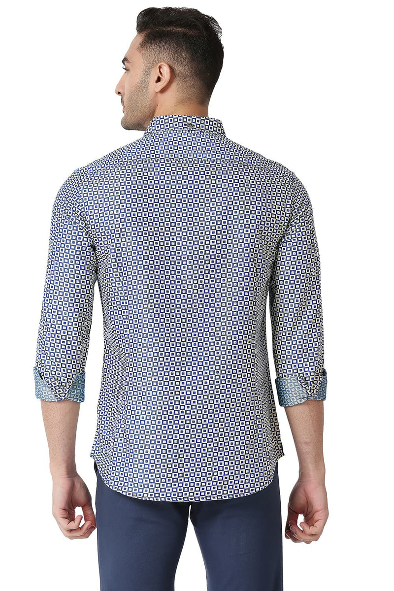 BASICS SLIM FIT COTTON POLYESTER INDIGO PRINTED SHIRT