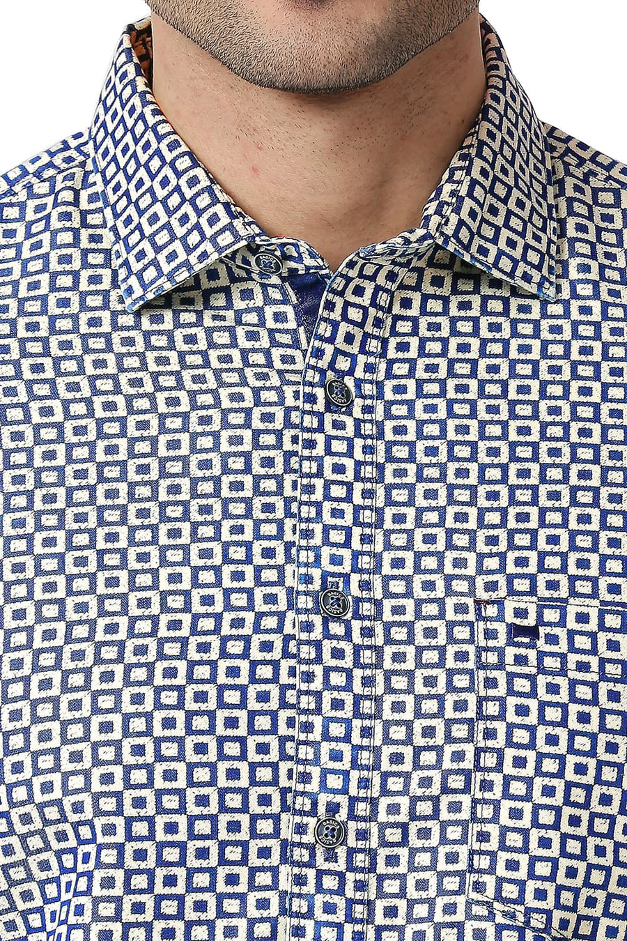 BASICS SLIM FIT BIJOU BLUE COTTON POLYESTER INDIGO PRINTED SHIRT