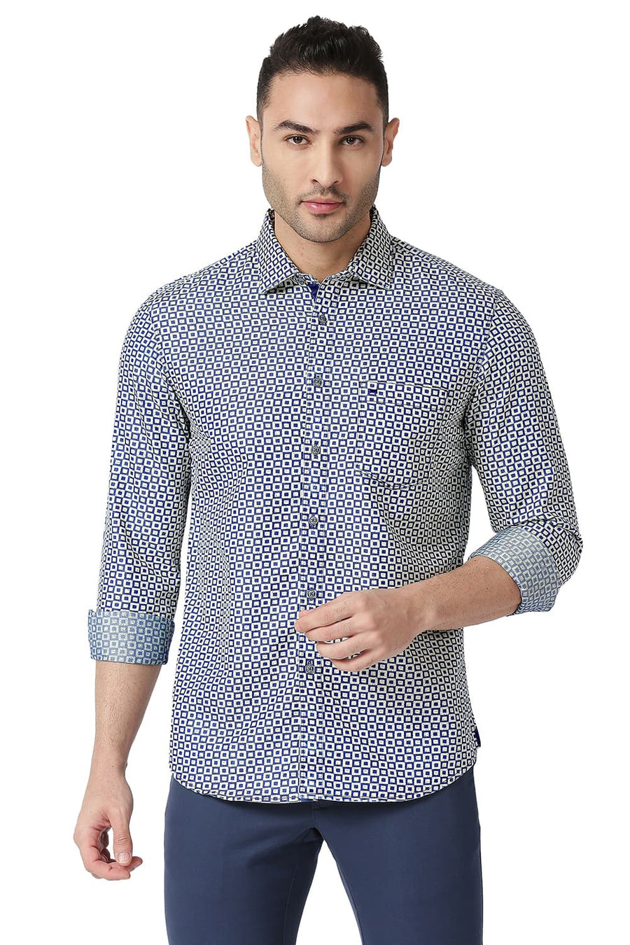 BASICS SLIM FIT BIJOU BLUE COTTON POLYESTER INDIGO PRINTED SHIRT