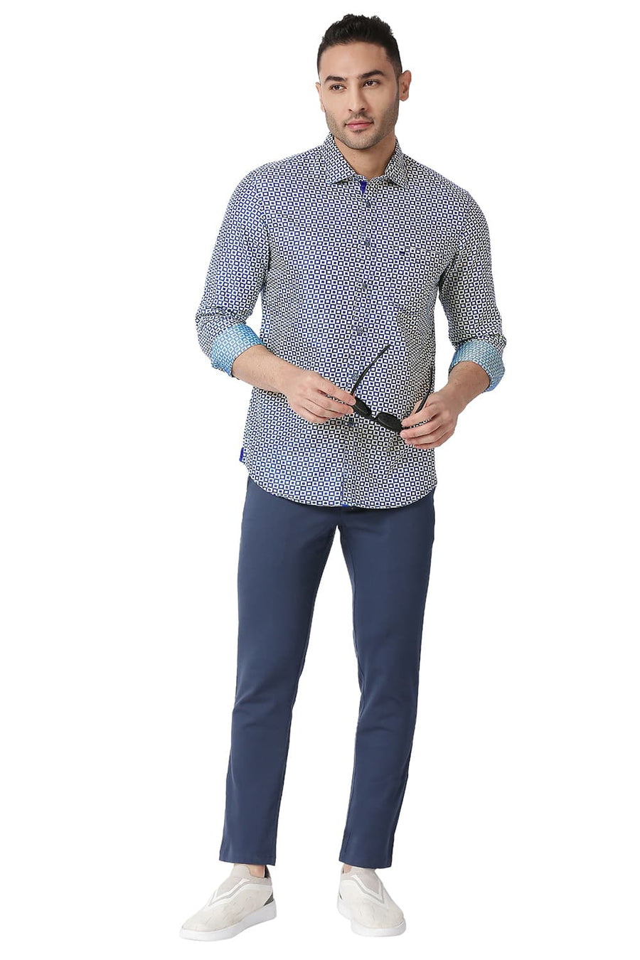 BASICS SLIM FIT BIJOU BLUE COTTON POLYESTER INDIGO PRINTED SHIRT