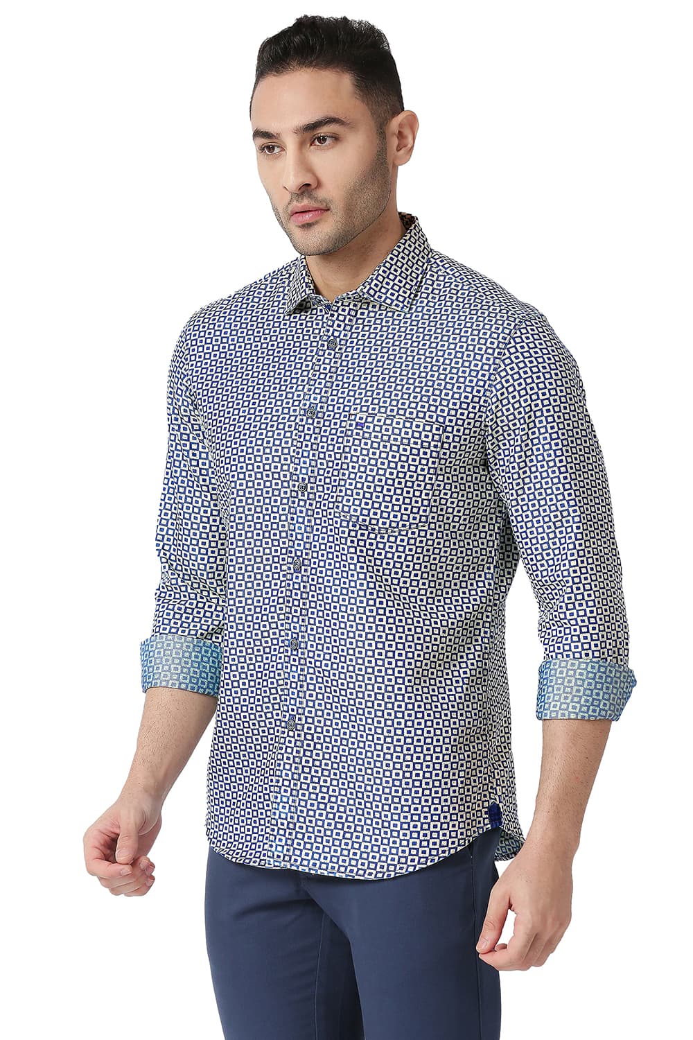 BASICS SLIM FIT COTTON POLYESTER INDIGO PRINTED SHIRT