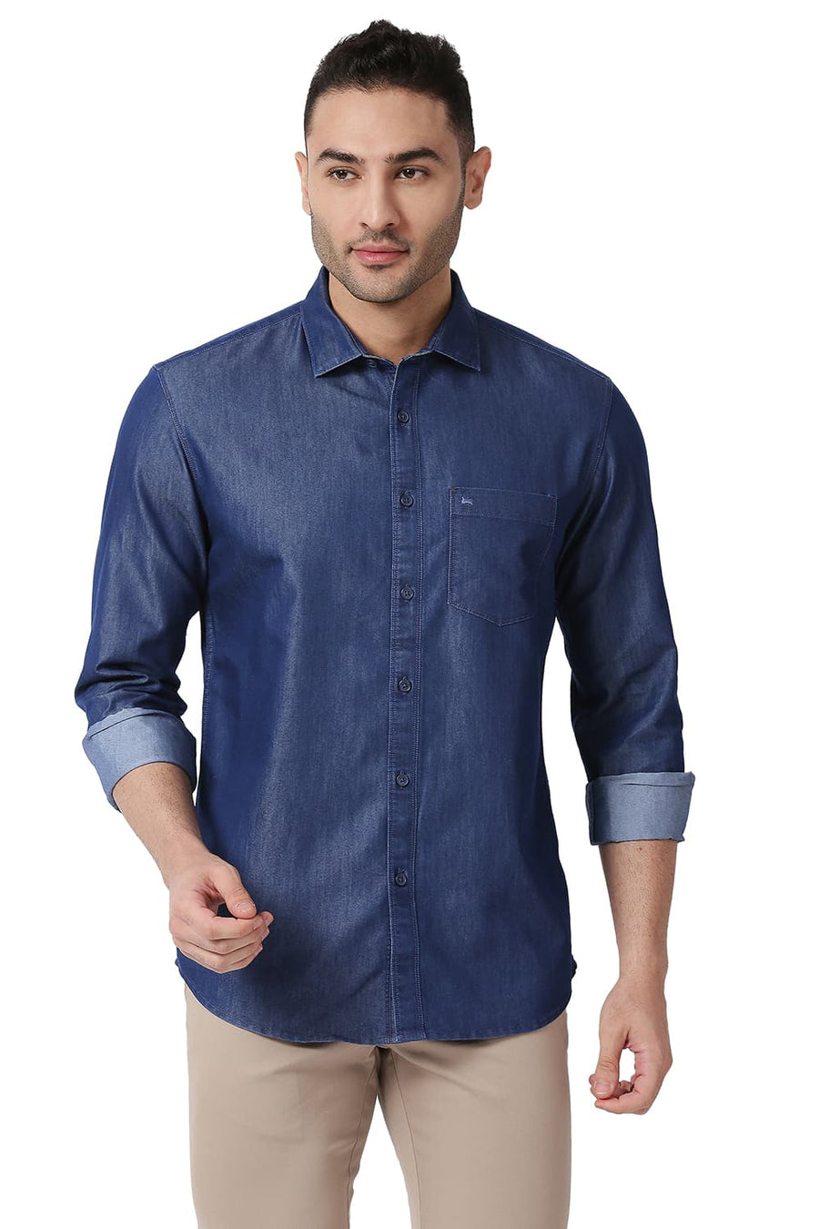BASICS SLIM FIT DENIM BLUE COTTON POLYESTER INDIGO SHIRT