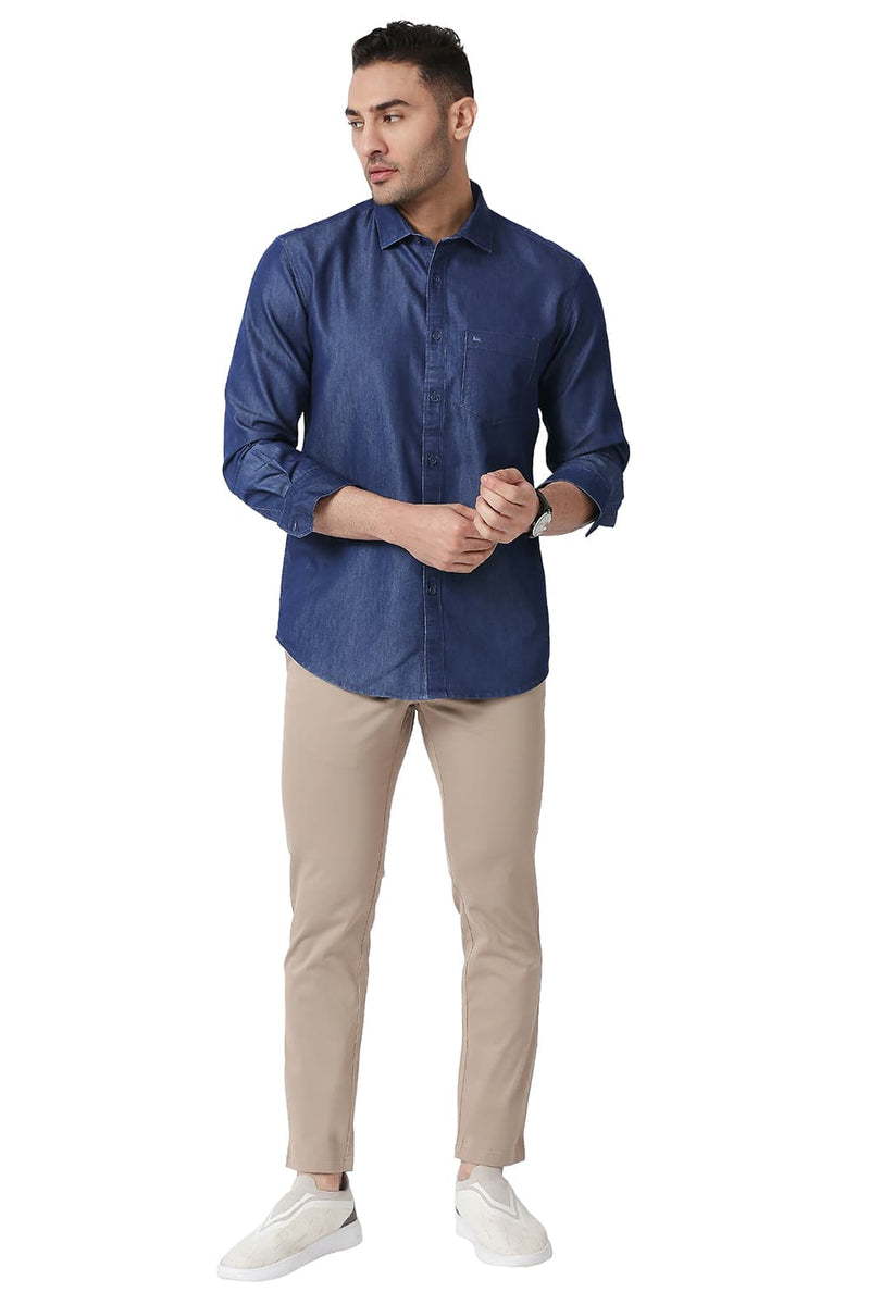 BASICS SLIM FIT COTTON POLYESTER INDIGO SHIRT