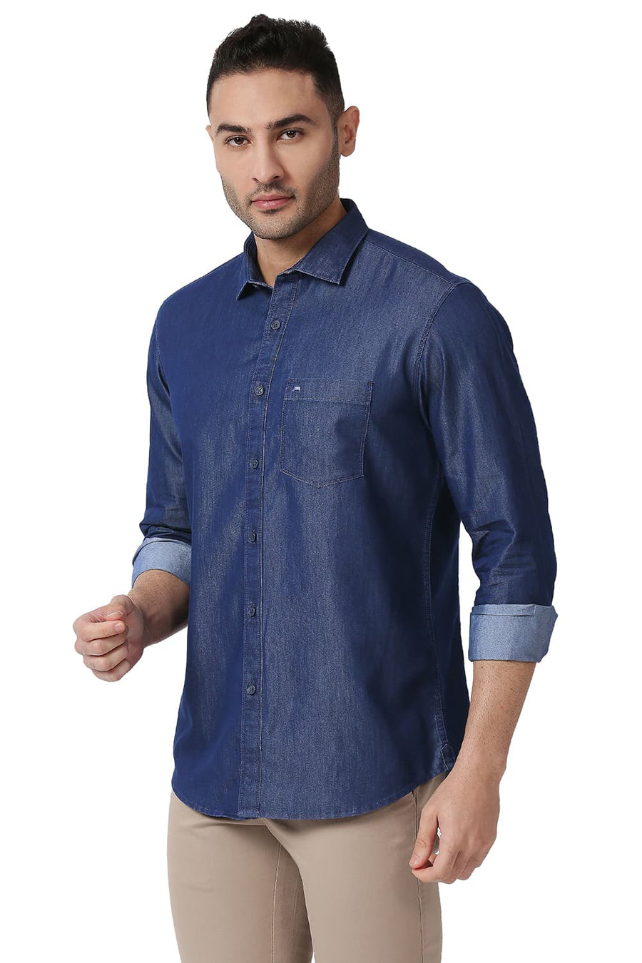 BASICS SLIM FIT DENIM BLUE COTTON POLYESTER INDIGO SHIRT