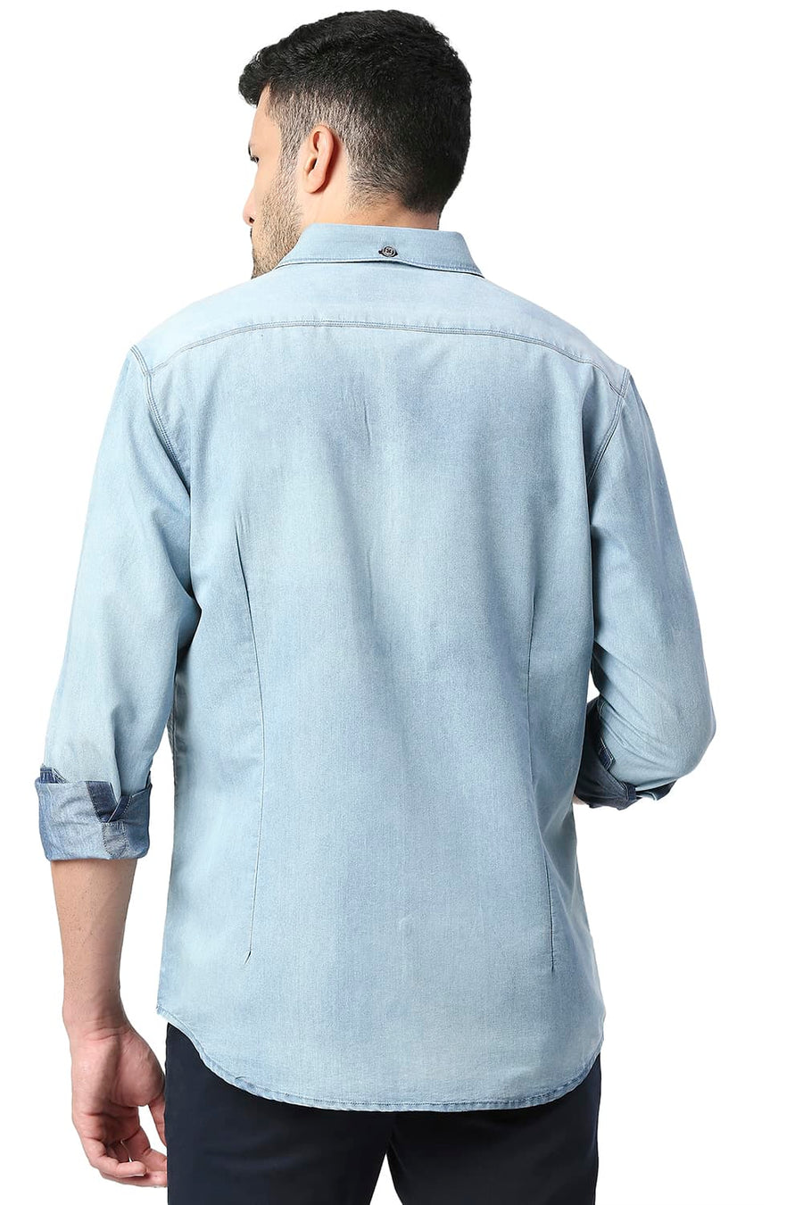 BASICS SLIM FIT WINTER BLUE COTTON POLYESTER INDIGO SHIRT