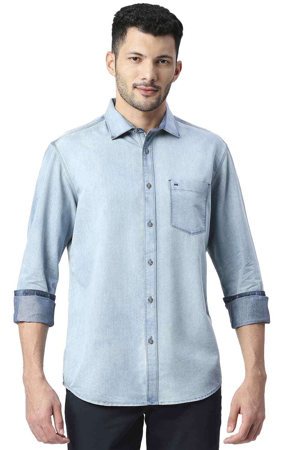 BASICS SLIM FIT COTTON POLYESTER INDIGO SHIRT