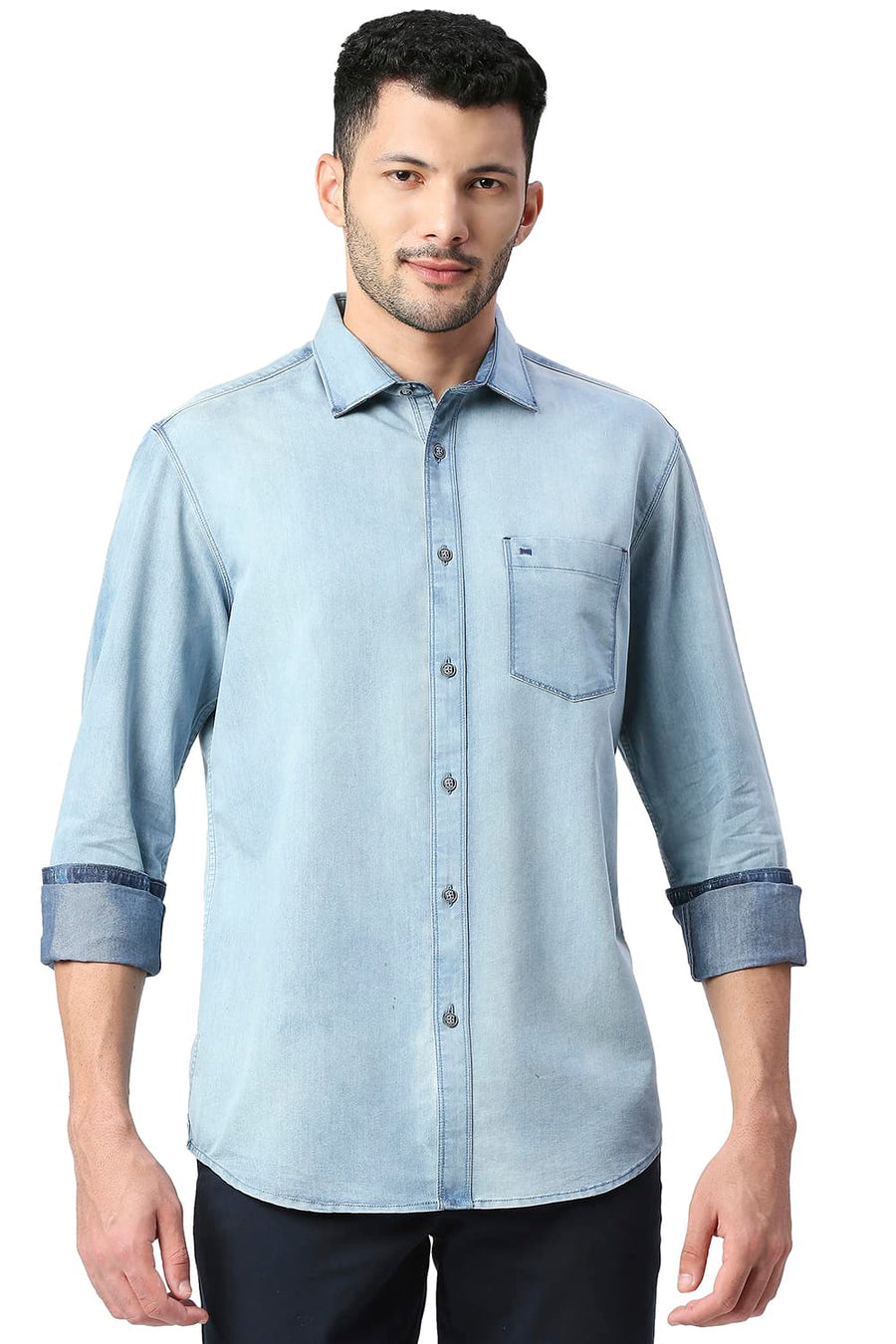 BASICS SLIM FIT WINTER BLUE COTTON POLYESTER INDIGO SHIRT