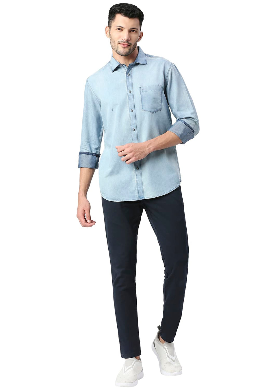 BASICS SLIM FIT WINTER BLUE COTTON POLYESTER INDIGO SHIRT