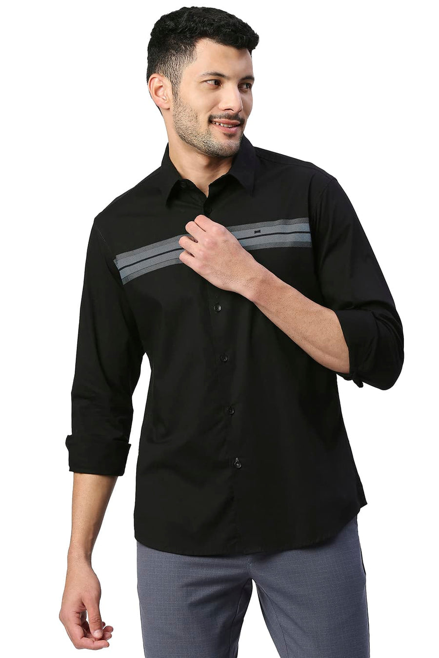 BASICS SLIM FIT JET BLACK COTTON POPLIN STRETCH SHIRT