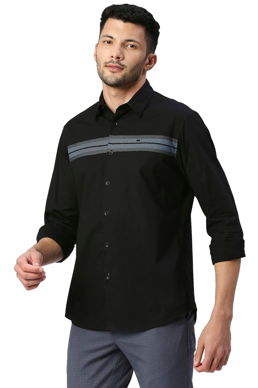 BASICS SLIM FIT JET BLACK COTTON POPLIN STRETCH SHIRT