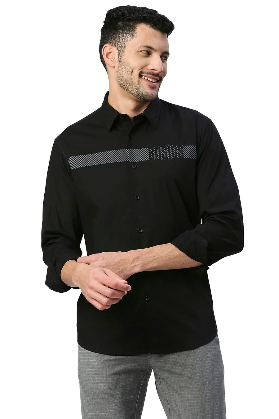 BASICS SLIM FIT JET BLACK COTTON POPLIN STRETCH SHIRT