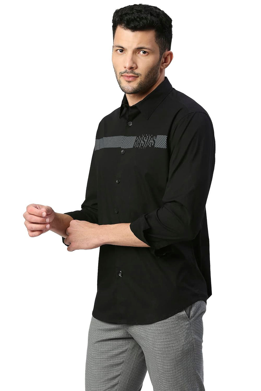 BASICS SLIM FIT JET BLACK COTTON POPLIN STRETCH SHIRT