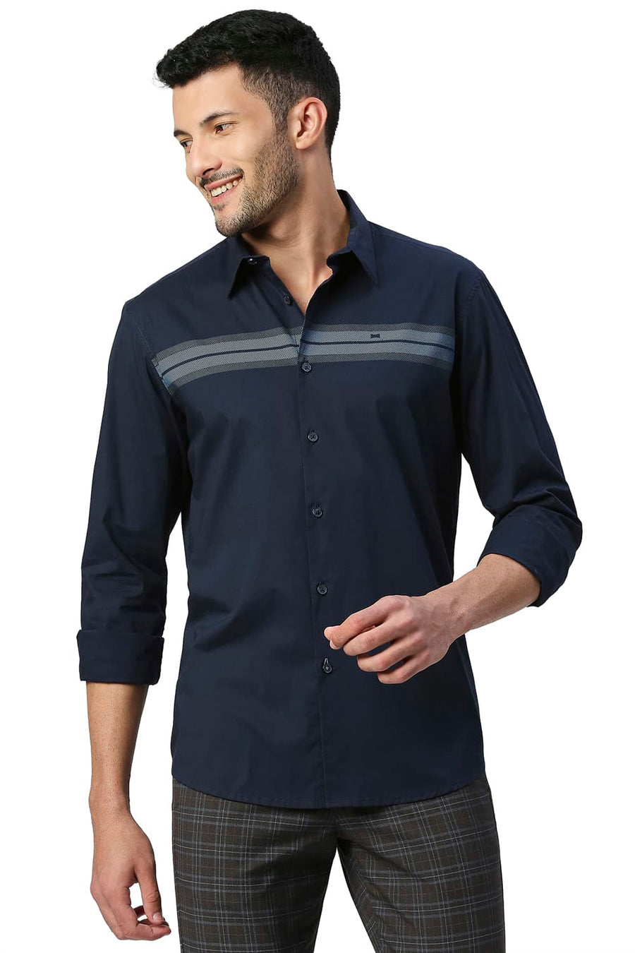 BASICS SLIM FIT MEDIEVAL NAVY COTTON POPLIN STRETCH SHIRT