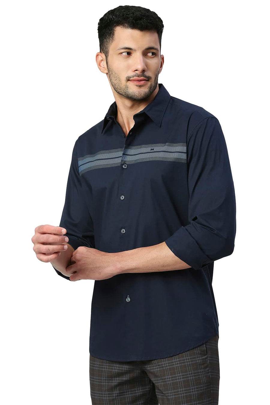 BASICS SLIM FIT MEDIEVAL NAVY COTTON POPLIN STRETCH SHIRT