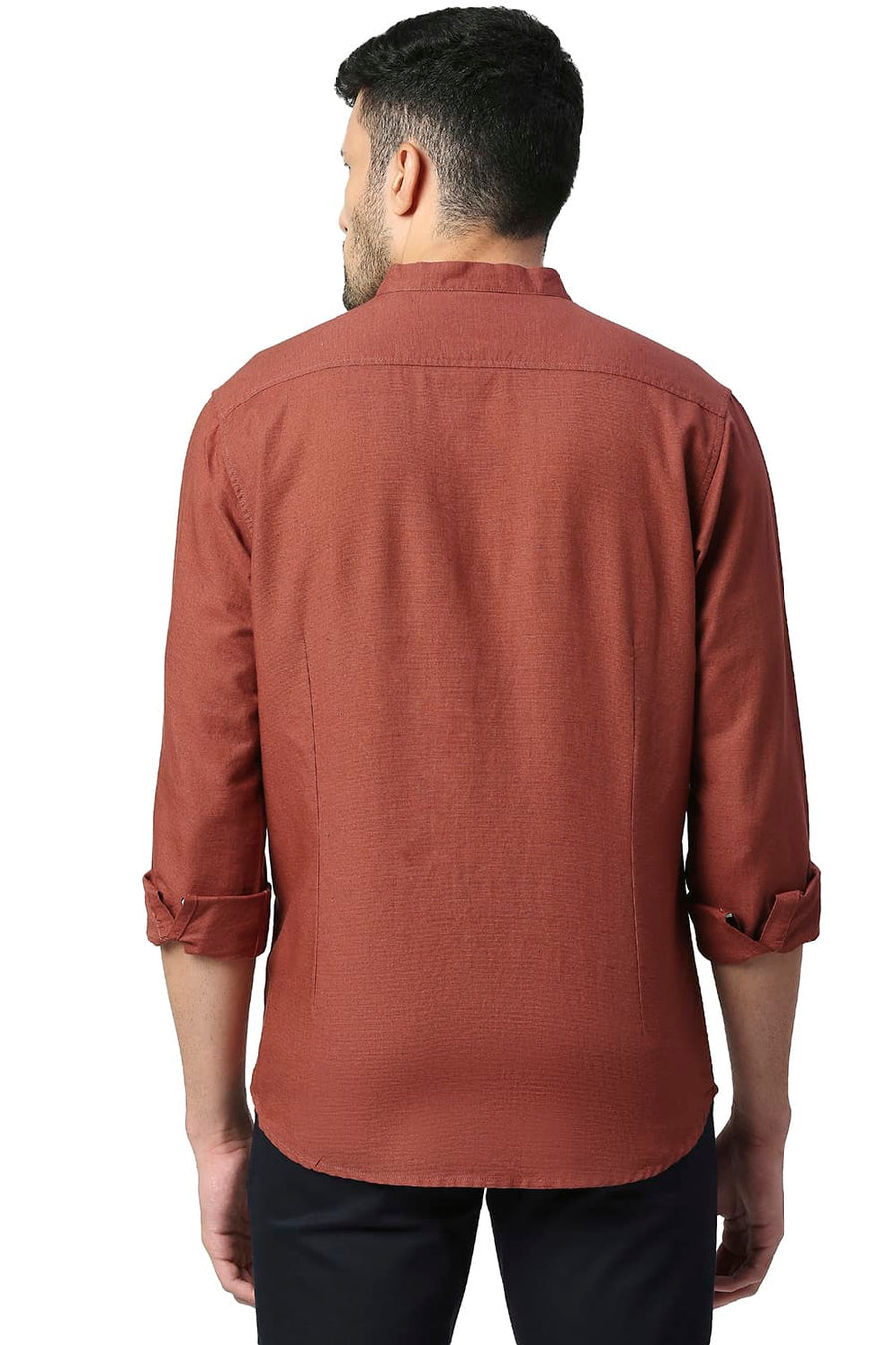 BASICS SLIM FIT BURNT BRICK COTTON LINEN SHIRT