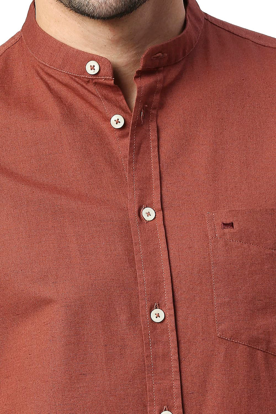 BASICS SLIM FIT BURNT BRICK COTTON LINEN SHIRT