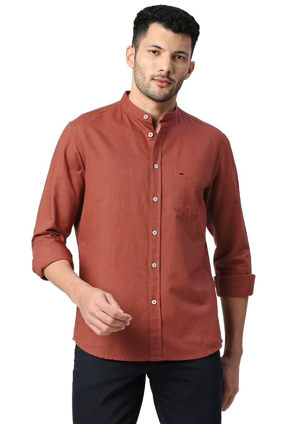 BASICS SLIM FIT BURNT BRICK COTTON LINEN SHIRT
